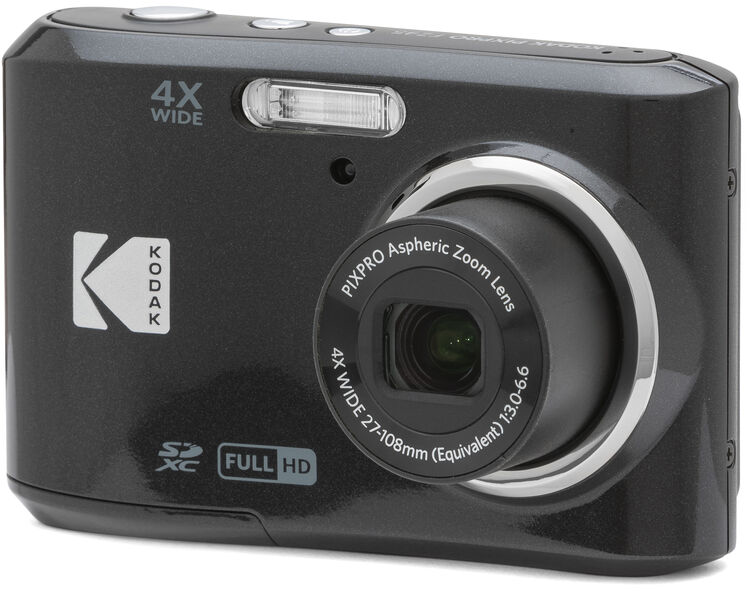 Fekete Kodak Pixpro digitális fényképezőgép. Van lencséje, vakuja és különféle gombjai.