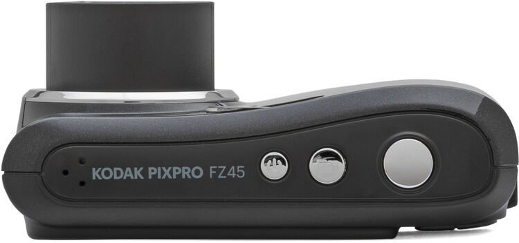 Fekete Kodak Pixpro FZ45 kamera gombokkal és objektívvel, fehér háttérrel.