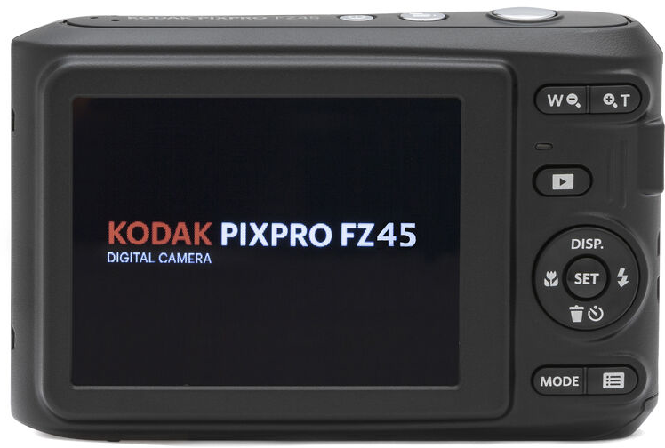 Egy fekete Kodak Pixpro FZ45 digitális fényképezőgép hátulja képernyővel.