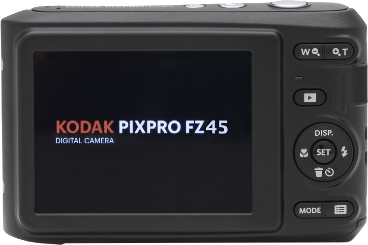 Kodak Pixpro FZ45 kamera hátulja, fekete, a márkanévvel a képernyőn.