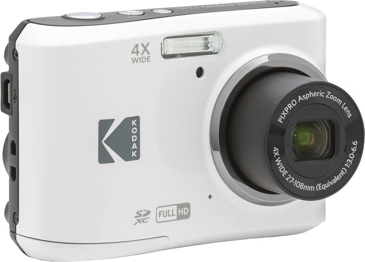 Fehér Kodak digitális fényképezőgép fekete lencsével, '4X WIDE' és 'FULL HD' felirattal.