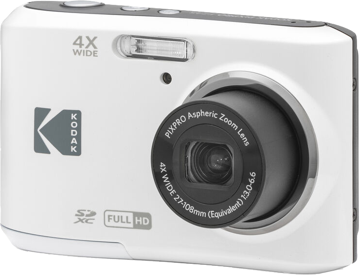 Fehér Kodak digitális fényképezőgép fekete objektívvel, ezüst részletekkel és a Kodak logóval.