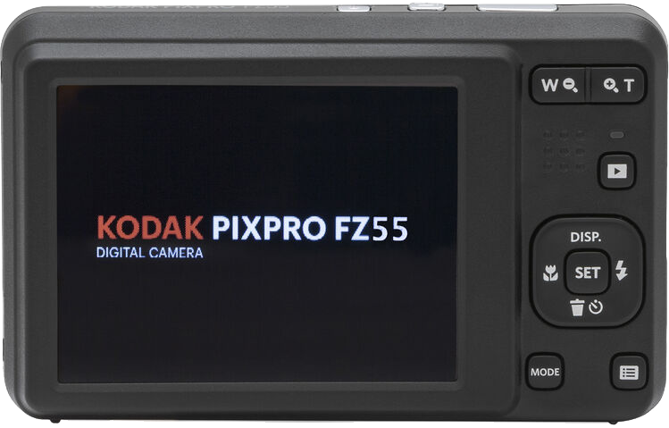 Egy fekete Kodak Pixpro FZ55 digitális fényképezőgép hátulja gombokkal és képernyővel.