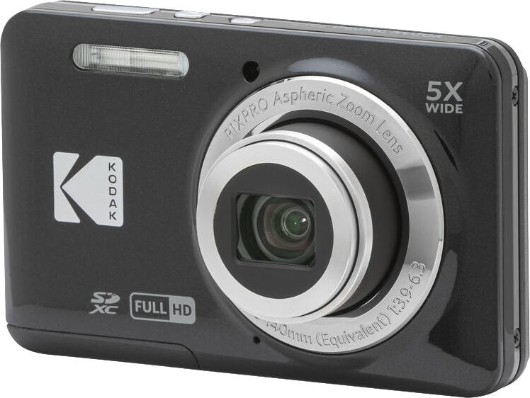 Fekete Kodak digitális fényképezőgép zoom objektívvel és Full HD-vel.