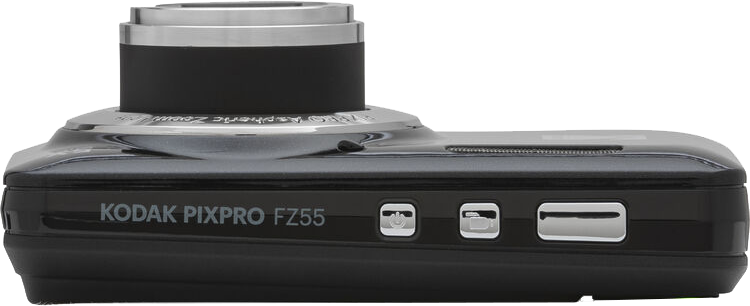 Fekete KODAK PIXPRO FZ55 kamera, felülnézet, ezüst objektívvel és gombokkal.