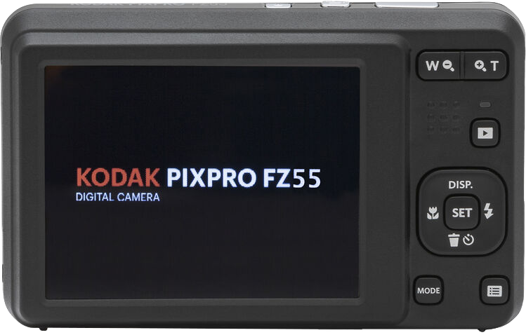 Fekete kamera hátulja, KODAK PIXPRO FZ55 felirattal és gombokkal.
