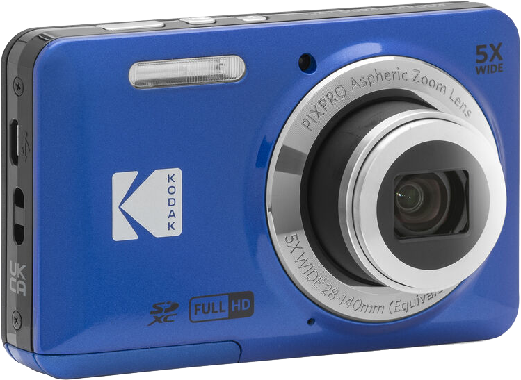 Kék Kodak kamera, objektív és gombok, szöveggel.