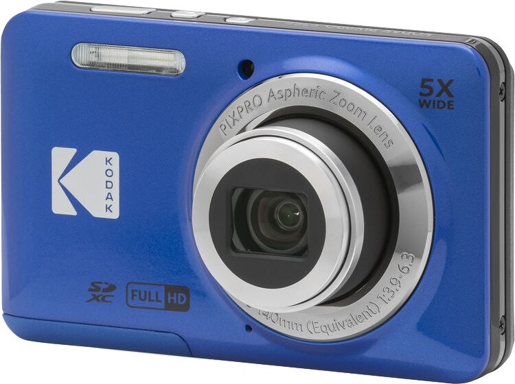 Kék Kodak Pixpro kamera. Van rajta zoom objektív, vaku, gombok és egy képernyő. Full HD.