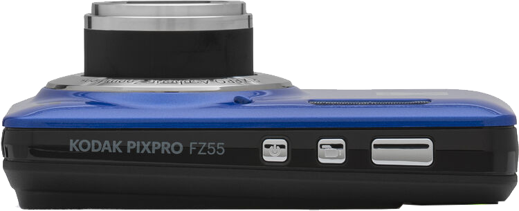 Kék Kodak Pixpro FZ55 kamera, felülnézet, látható gombokkal.