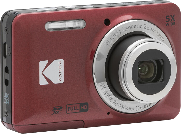 Egy piros Kodak digitális fényképezőgép ezüst objektívvel és a termék nevével.