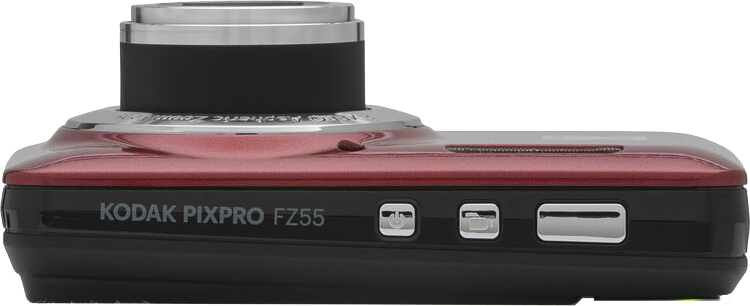 Piros-fekete Kodak Pixpro FZ55 digitális fényképezőgép, oldalnézet.