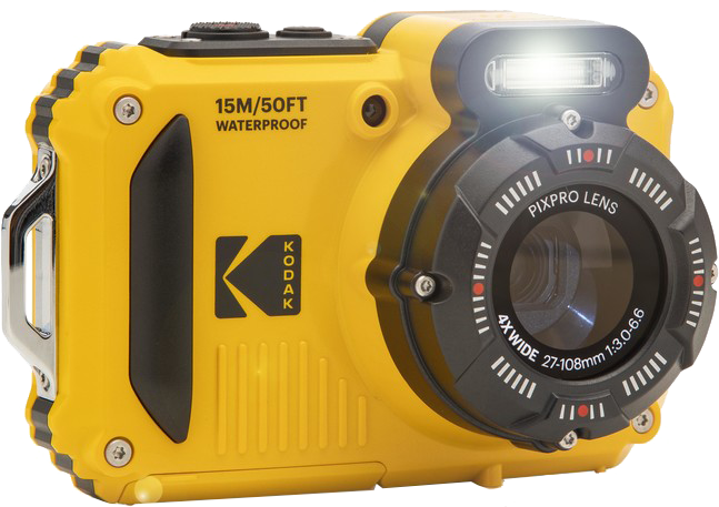 Sárga Kodak vízálló kamera fekete ékezetekkel és vakuval.