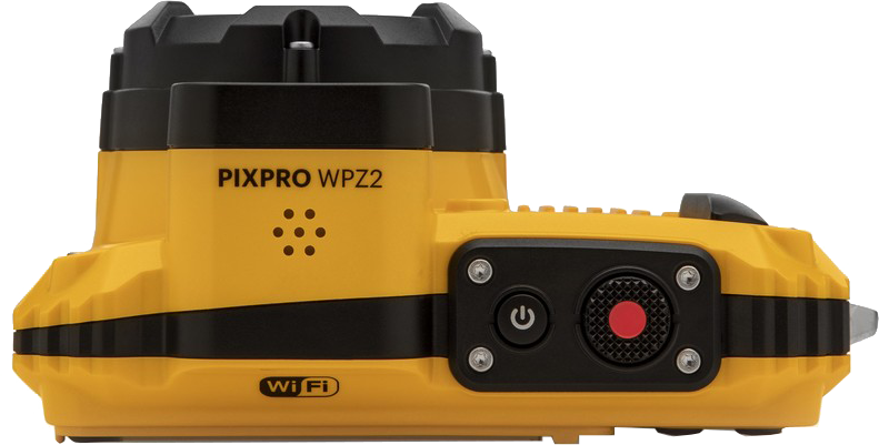 Sárga-fekete vízálló kamera, 'PIXPRO WPZ2' felirat, piros felvétel gomb, WiFi szimbólum.