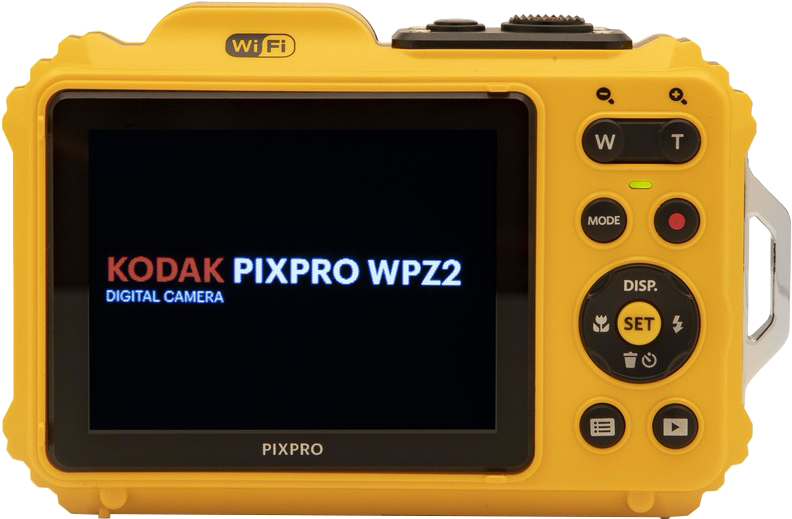 Sárga Kodak Pixpro WPZ2 kamera fekete képernyővel és gombokkal. WiFi logó látható.