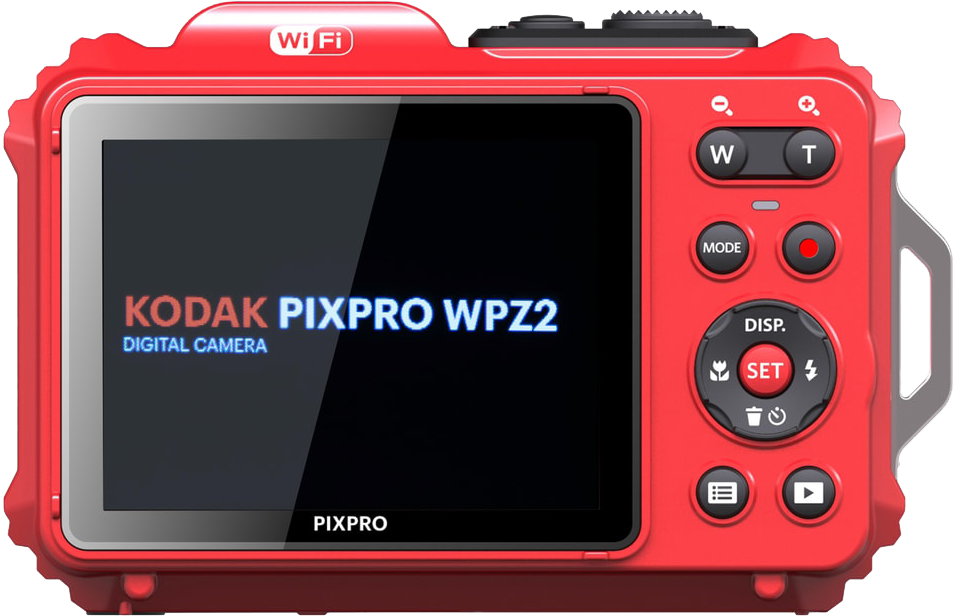 Egy piros és fehér Kodak Pixpro WPZ2 digitális fényképezőgép.