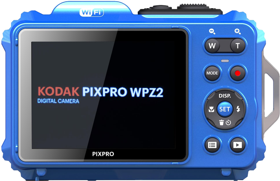 Egy kék Kodak Pixpro WPZ2 digitális fényképezőgép, a hátulja látható a képernyővel és gombokkal.