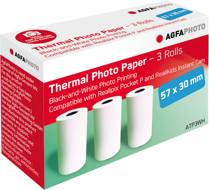 AGFAPHOTO csomagolás három tekercs termálpapírral és termékinformációkkal.