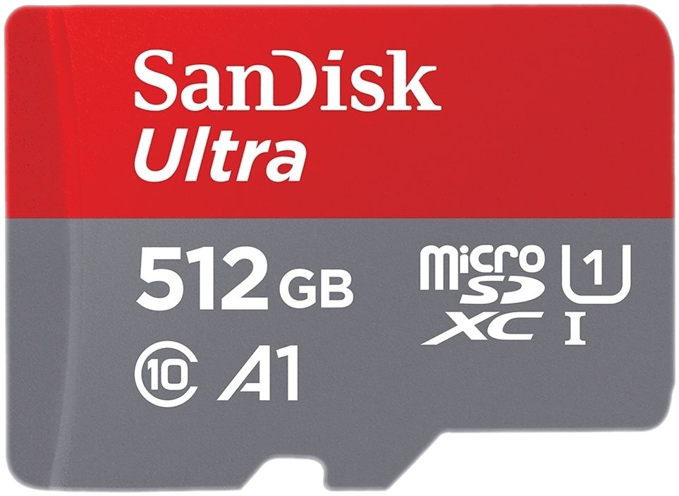 Een rode en grijze SanDisk Ultra microSD-kaart met tekst en specificaties.