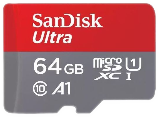 Une carte microSD. Design rouge et gris. '64 Go' et autres détails visibles.