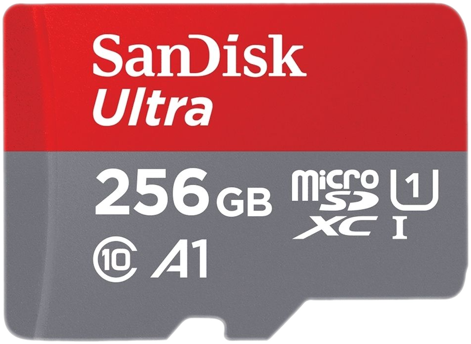 Carte microSD SanDisk Ultra. Schéma de couleurs rouge et gris, avec texte et logo MicroSD.