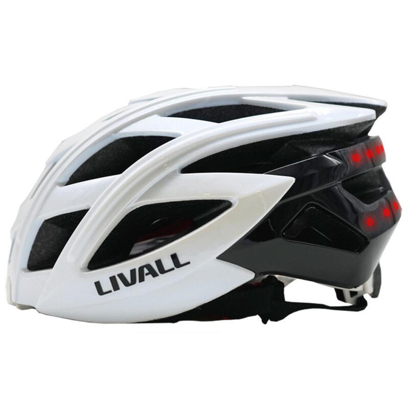 Un casco de bicicleta LIVALL blanco y negro con luces rojas en la parte trasera.