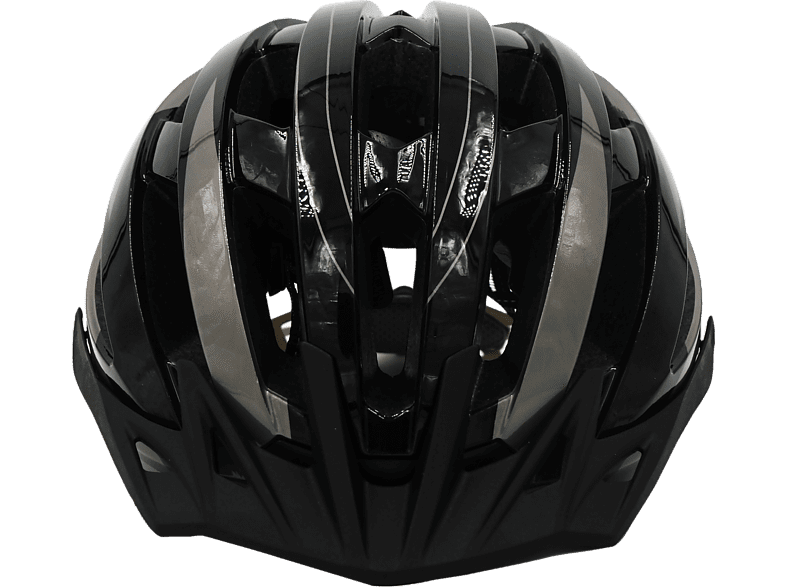 Casco de bicicleta negro y gris con rayas reflectantes y visera.