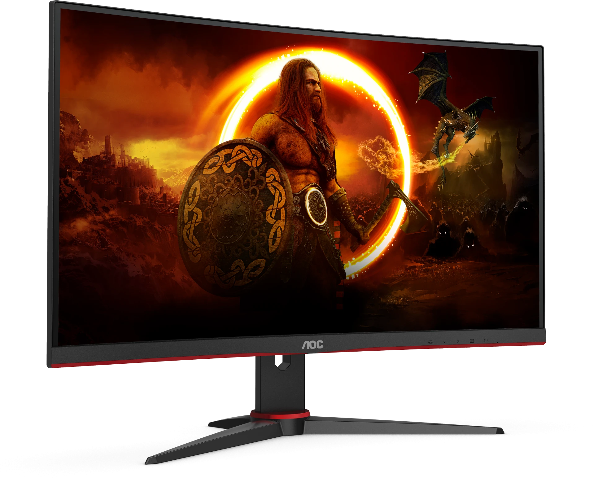 AOC ívelt gamer monitor, pajzsos harcos és sárkány, tüzes jelenettel.