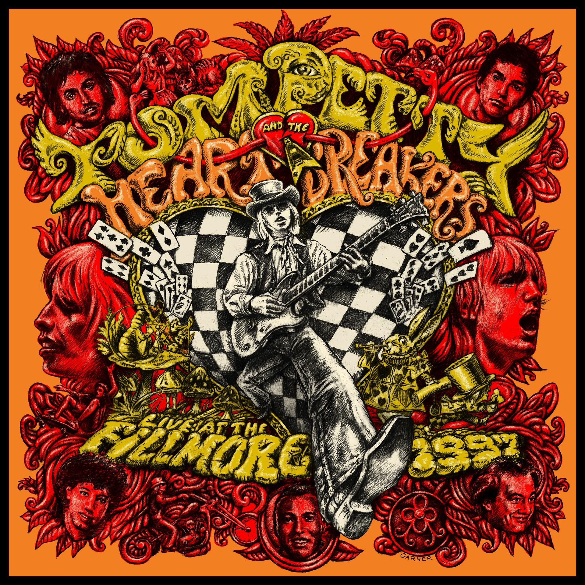 Pochette d'album. Fond orange. Homme jouant de la guitare sur un échiquier. Figures autour.
