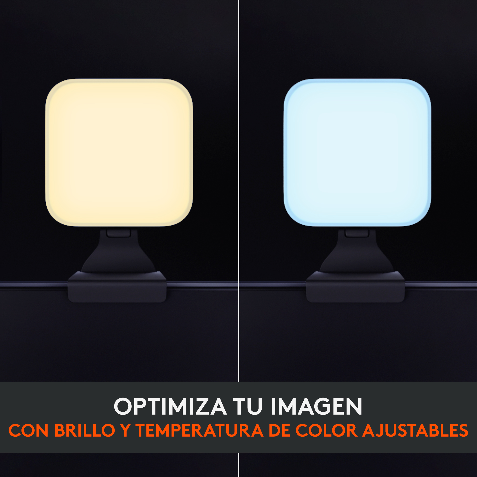 Dos pequeñas luces cuadradas, una blanca cálida, otra azul fría, con soporte y base negros.