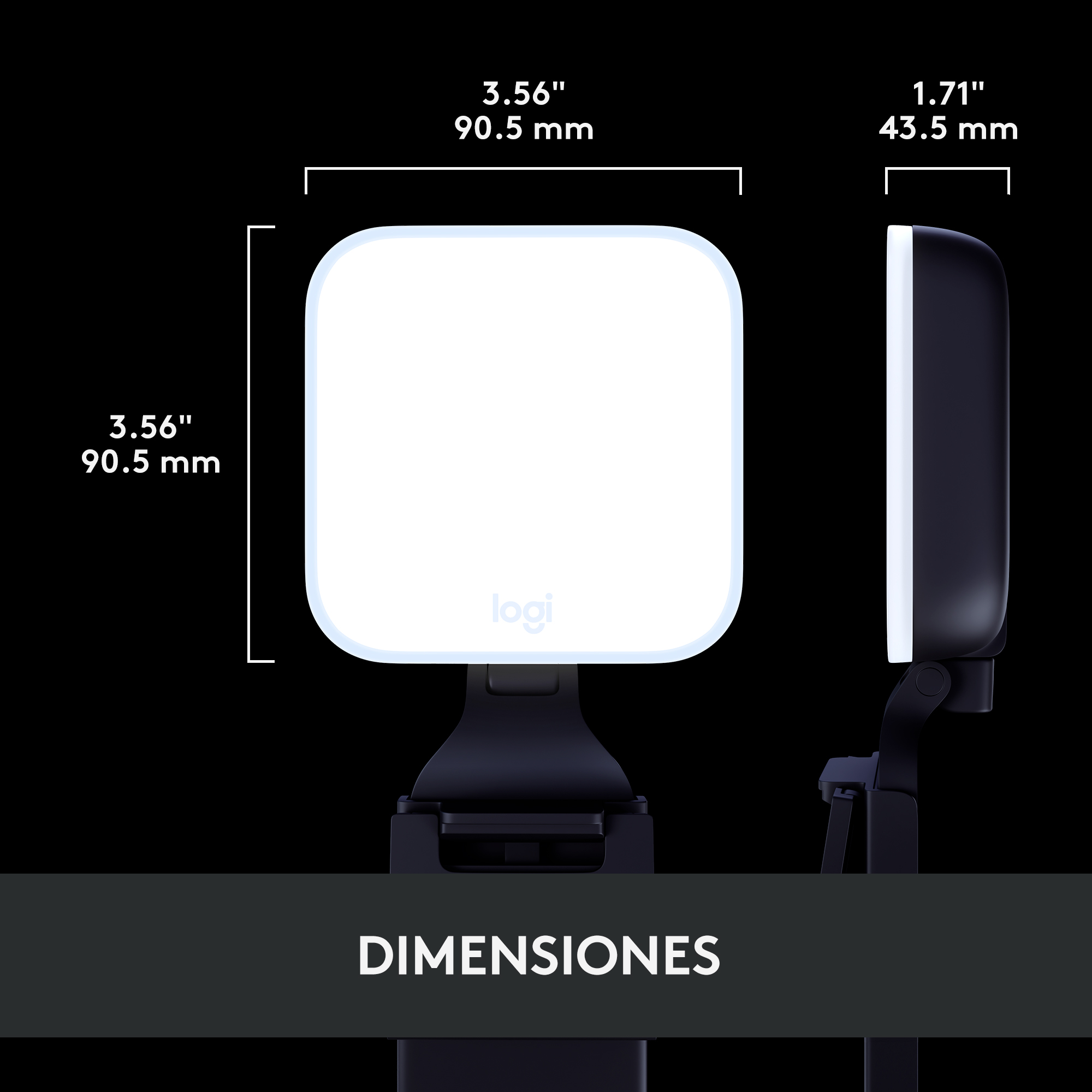Luz cuadrada con dimensiones y logotipo. Soporte negro. Luz blanca sobre fondo negro.