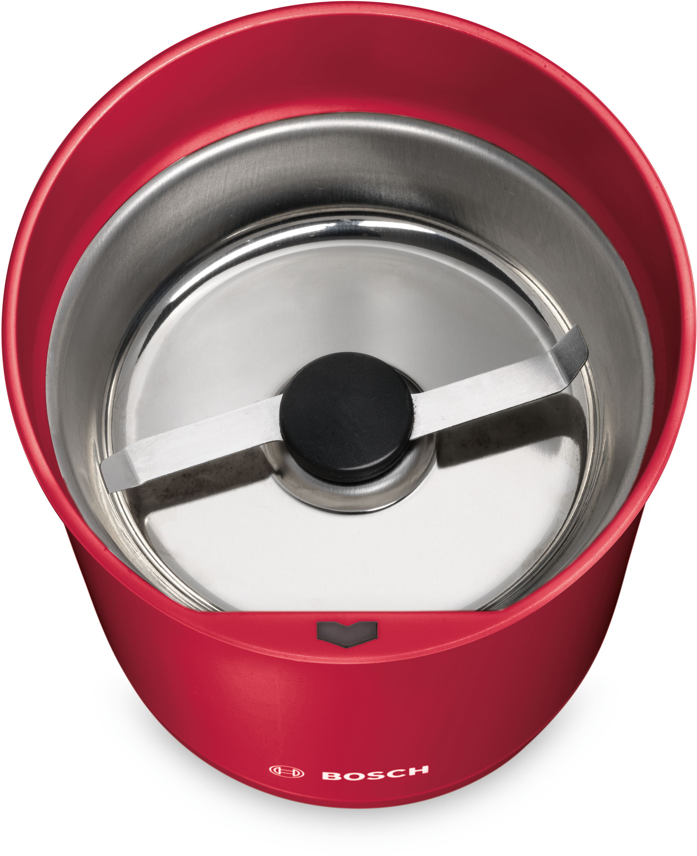 Eine rote Kaffeemühle mit Metallausstattung und schwarzem Messer.