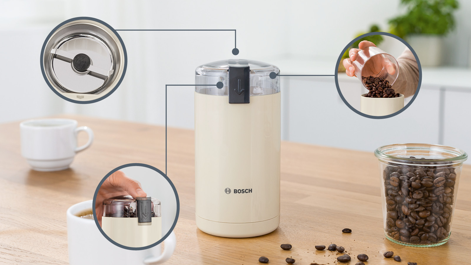 Eine Kaffeemühle mit Bohnen, eine Tasse und Kaffeesatz. Mehrere Bilder veranschaulichen den Vorgang.