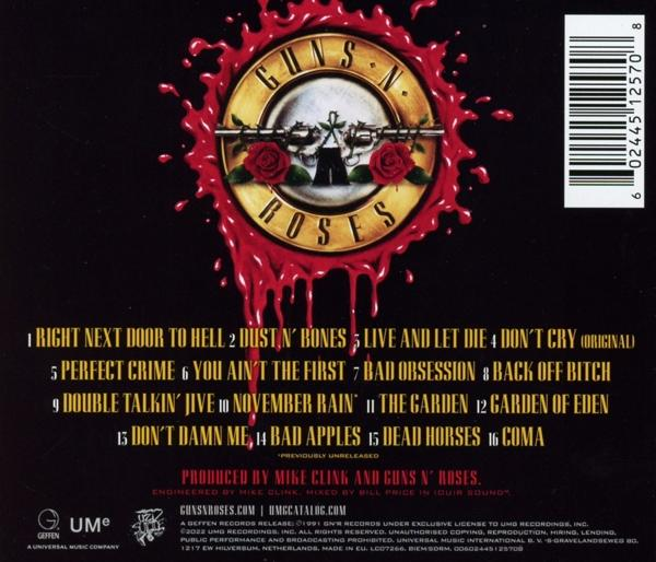 Rückseite des Guns N' Roses Albums, mit Trackliste und Bandlogo.