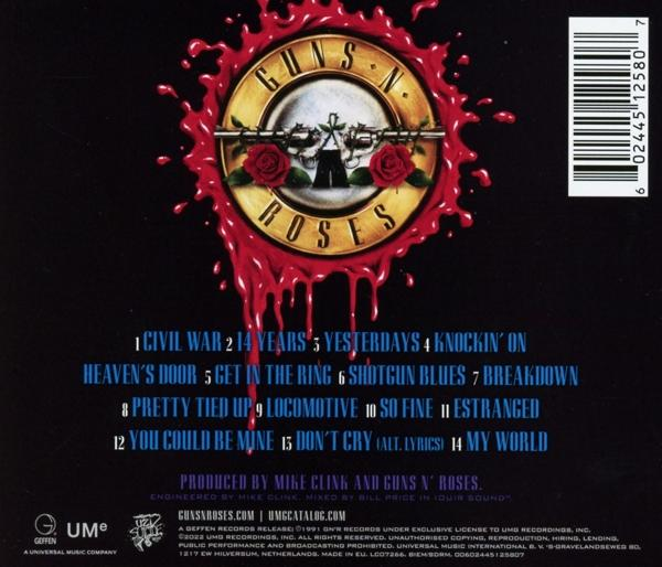 Rückseite des Guns N' Roses Albums mit rotem Farbspritzer und Bandlogo.