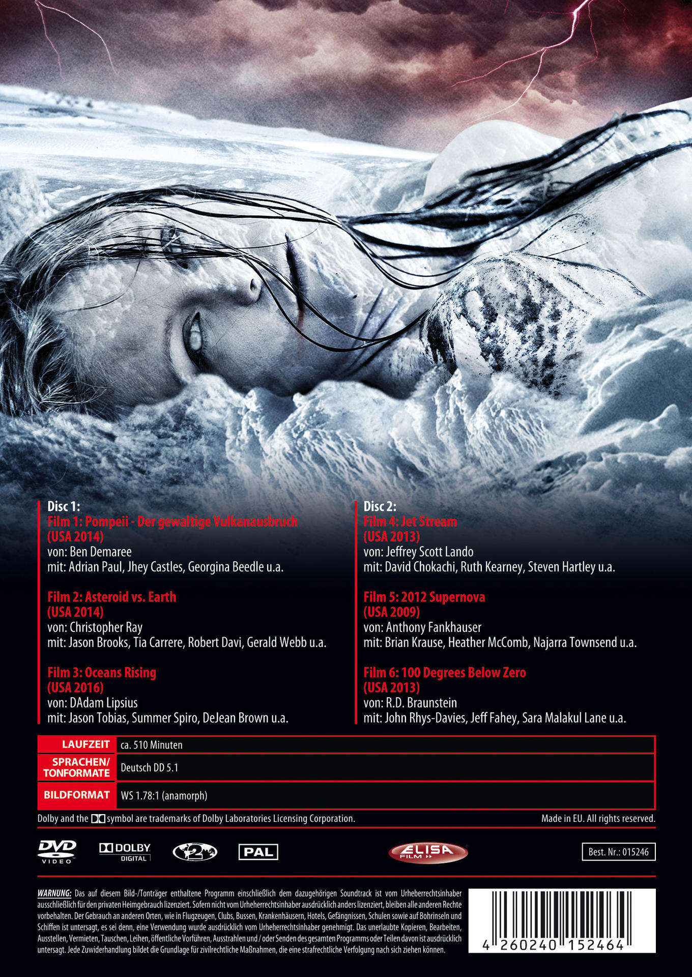 DVD-Hülle. Das Cover zeigt eine Frau im Wasser. Der Text listet die Filmtitel und Credits auf Deutsch auf.