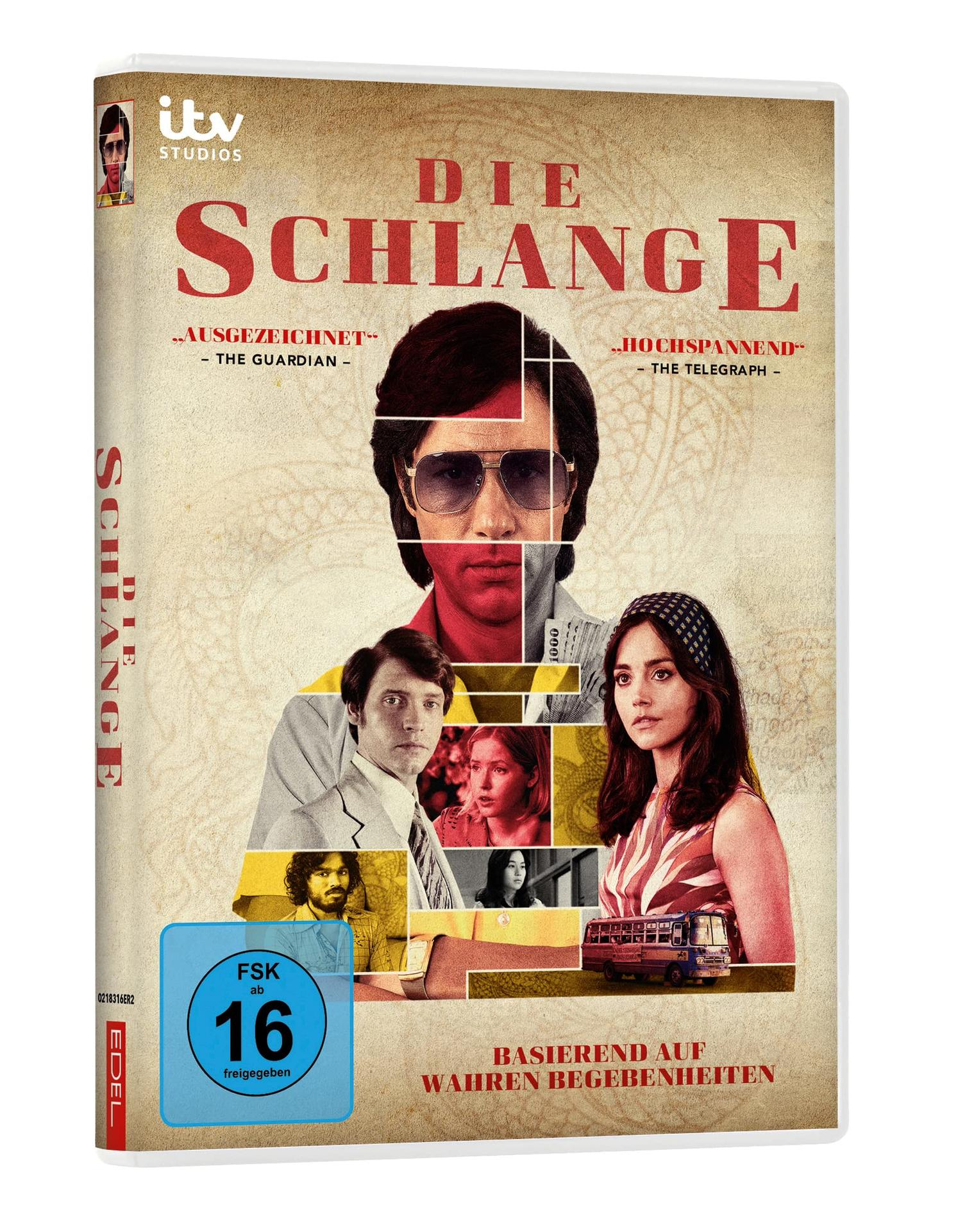 DVD-Cover für den Film 'Die Schlange'. Es zeigt einen Mann mit Sonnenbrille und andere Schauspieler.