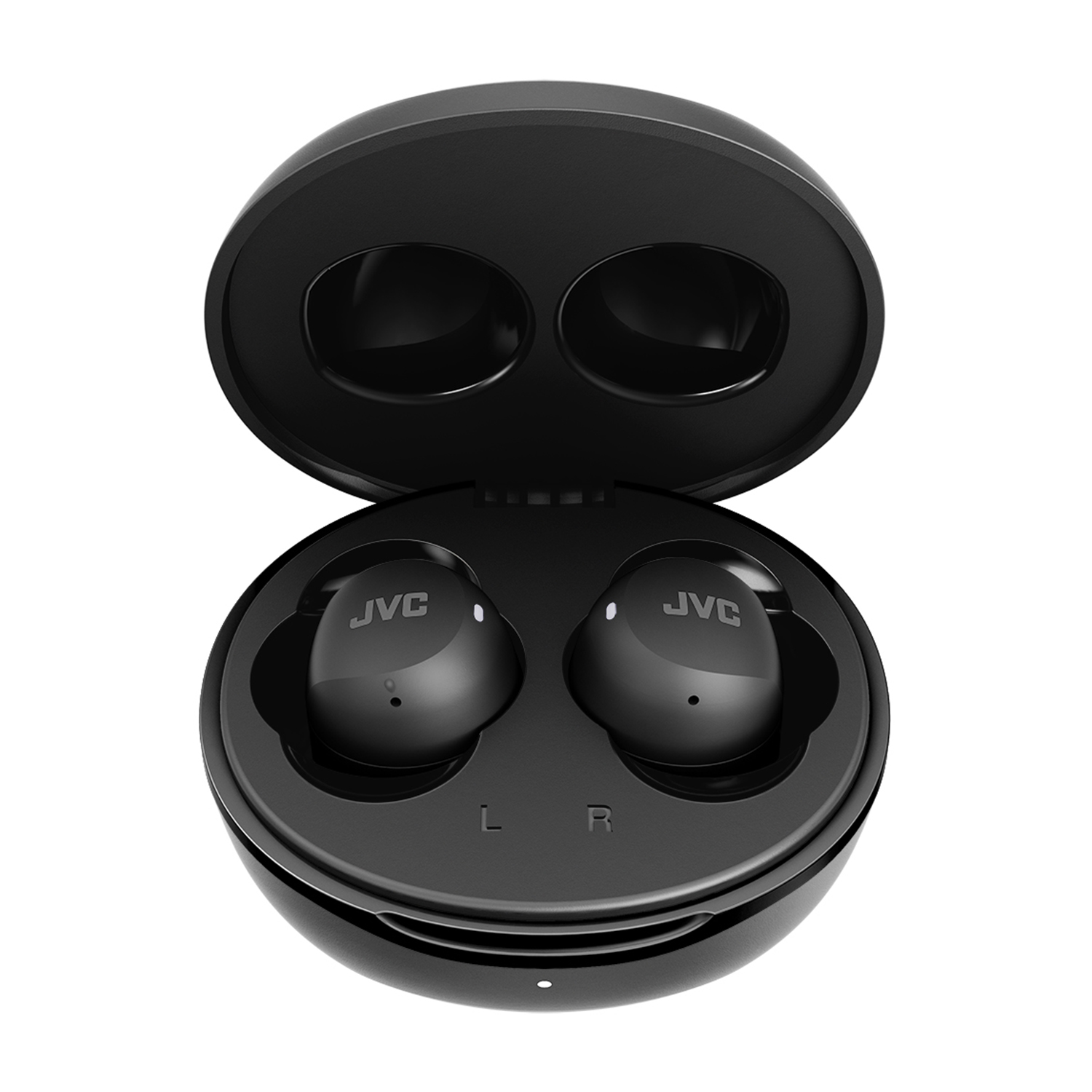 Auricolari JVC neri in una custodia di ricarica nera. La custodia è aperta su sfondo bianco.