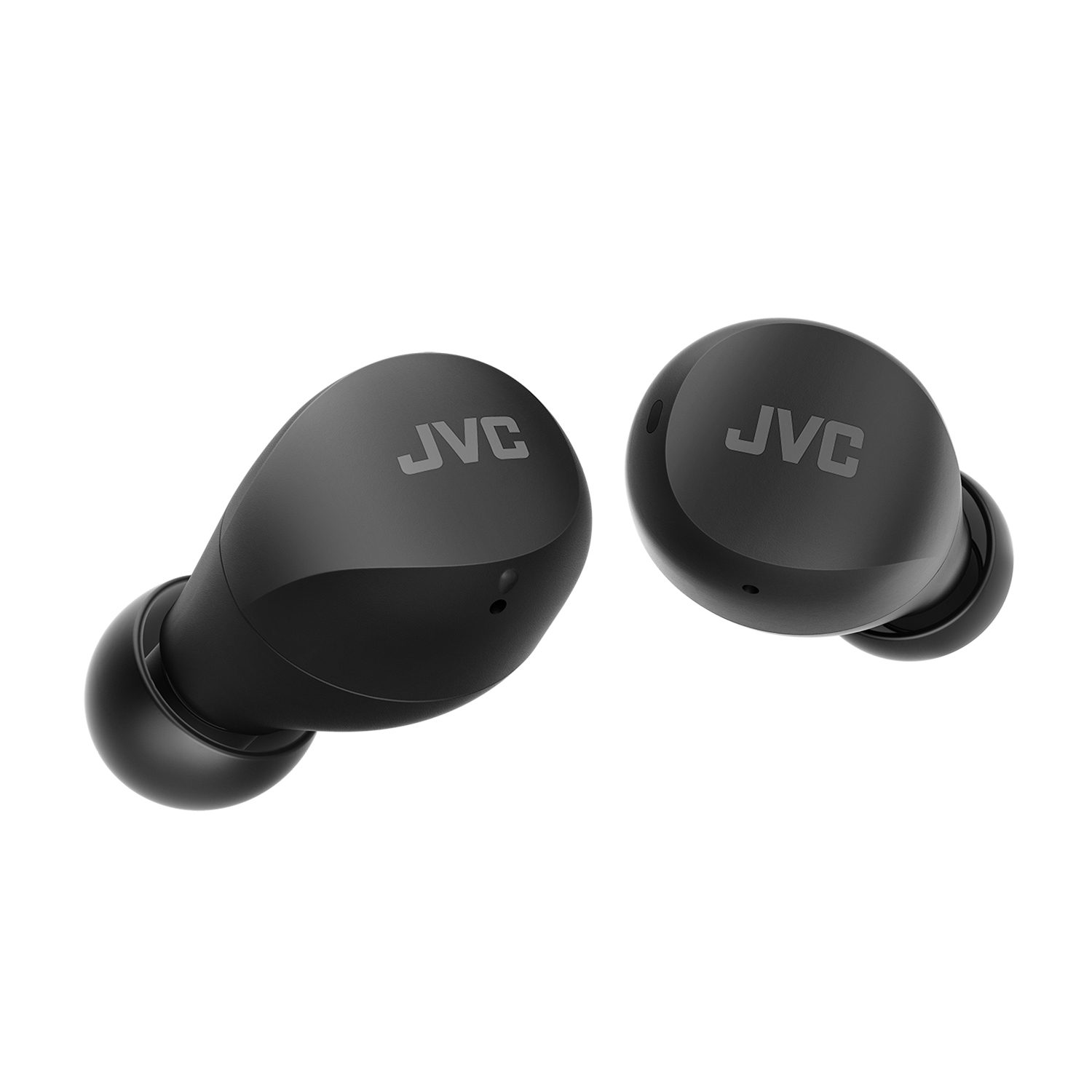 Auricolari JVC neri su sfondo bianco. Il logo JVC è visibile su ciascun auricolare.