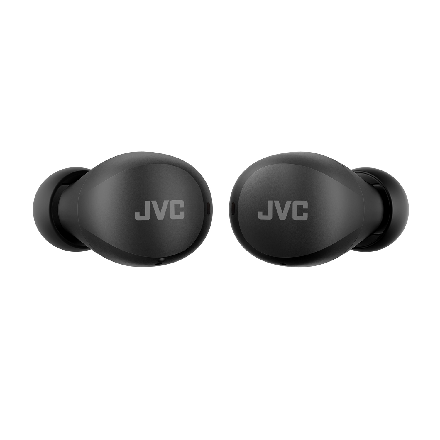Due auricolari JVC neri, ciascuno con il logo JVC, su sfondo bianco, angolati per visibilità.