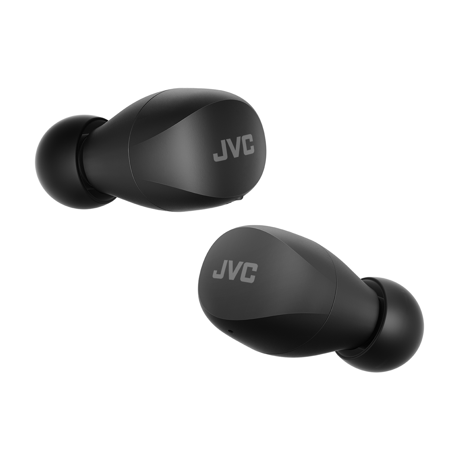 Due auricolari JVC neri, con il logo del marchio, su sfondo bianco.