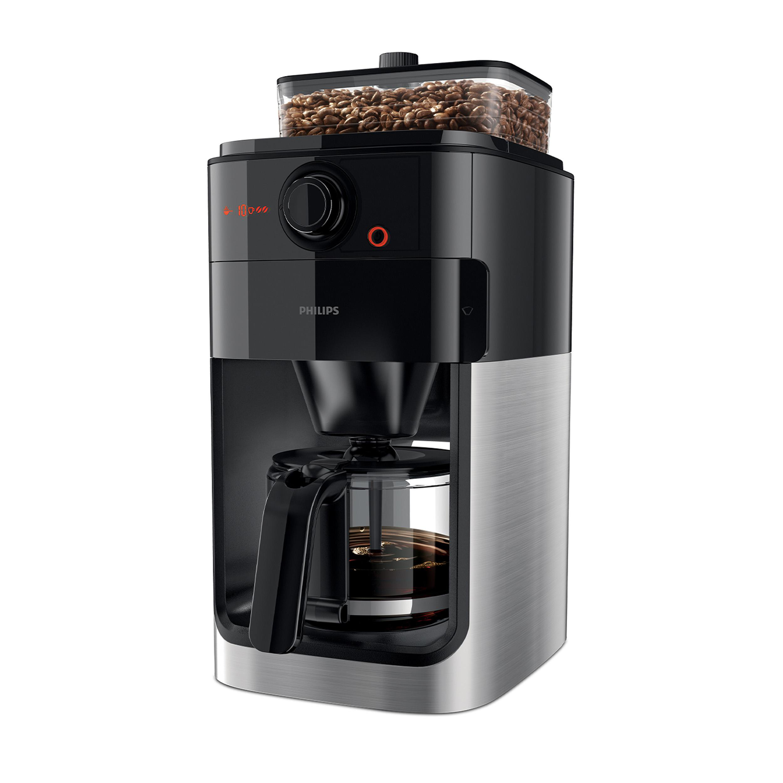 PHILIPS HD7767/00 Grind & Brew mit Glaskanne, 1,2 Liter, 1000 Watt, Kaffeemaschine Edelstahl/Schwarz