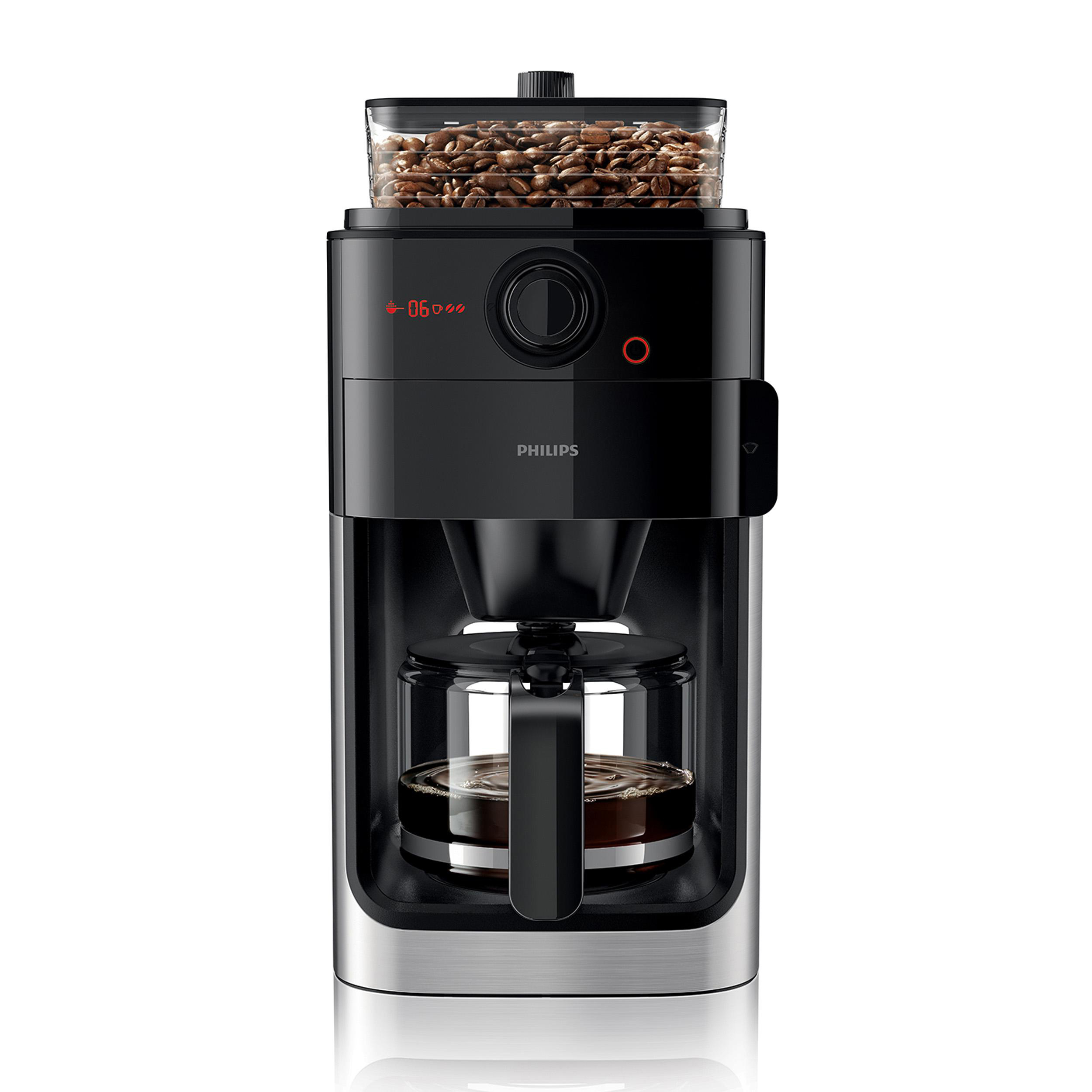 PHILIPS HD7767/00 Grind & Brew mit Glaskanne, 1,2 Liter, 1000 Watt, Kaffeemaschine Edelstahl/Schwarz