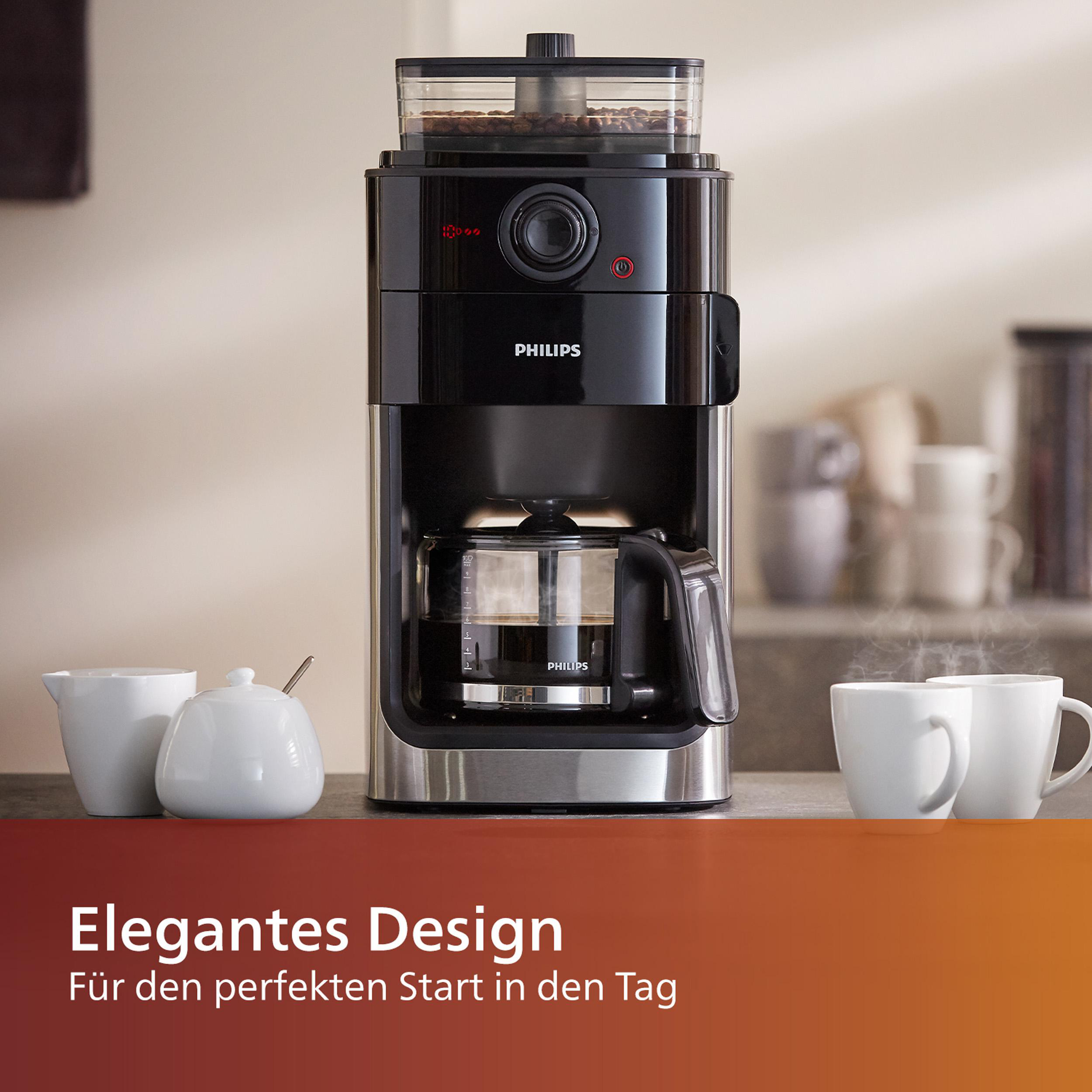 PHILIPS HD7767/00 Grind & Brew mit Glaskanne, 1,2 Liter, 1000 Watt, Kaffeemaschine Edelstahl/Schwarz