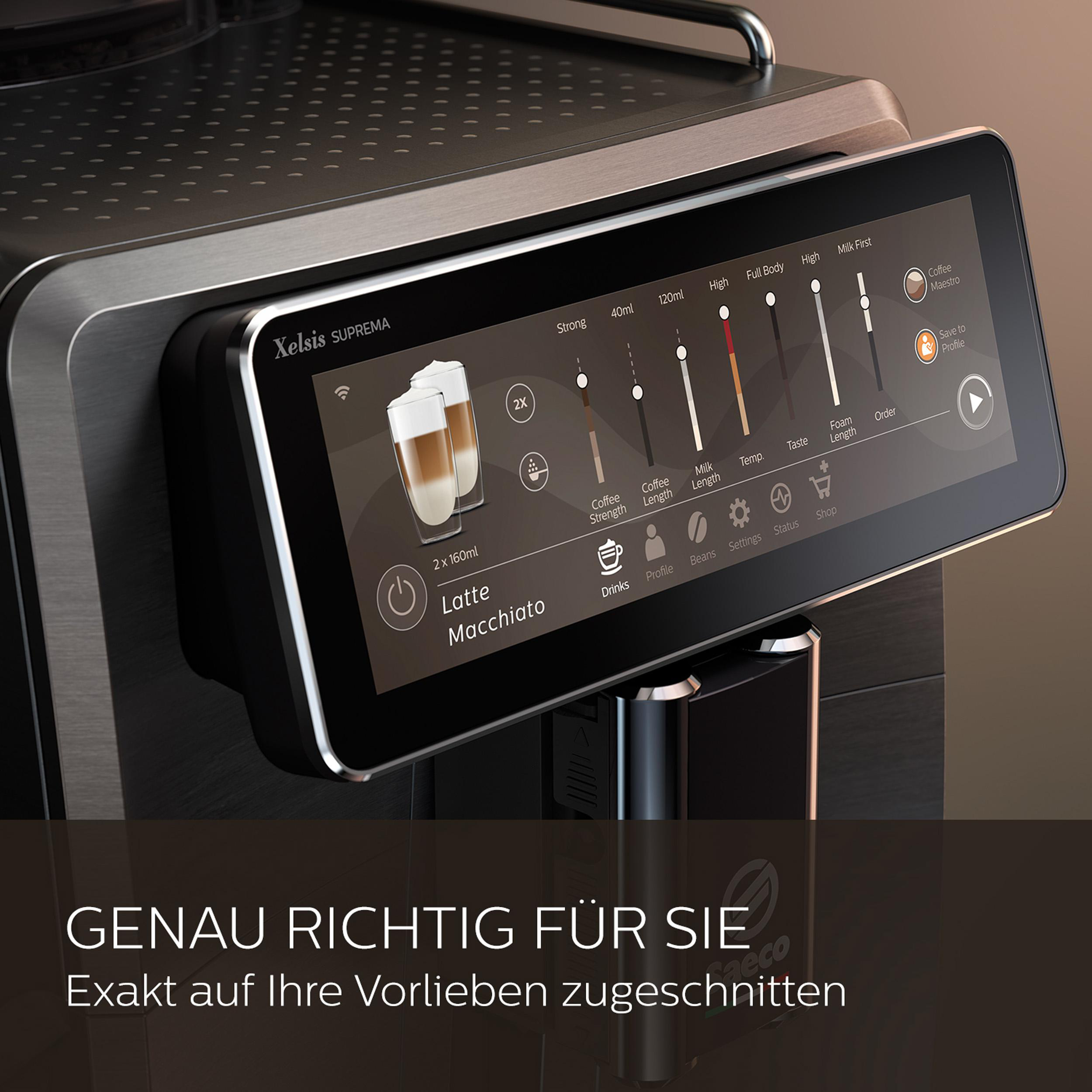 Der Touchscreen der Espressomaschine zeigt Latte Macchiato-Optionen und Einstellungen.