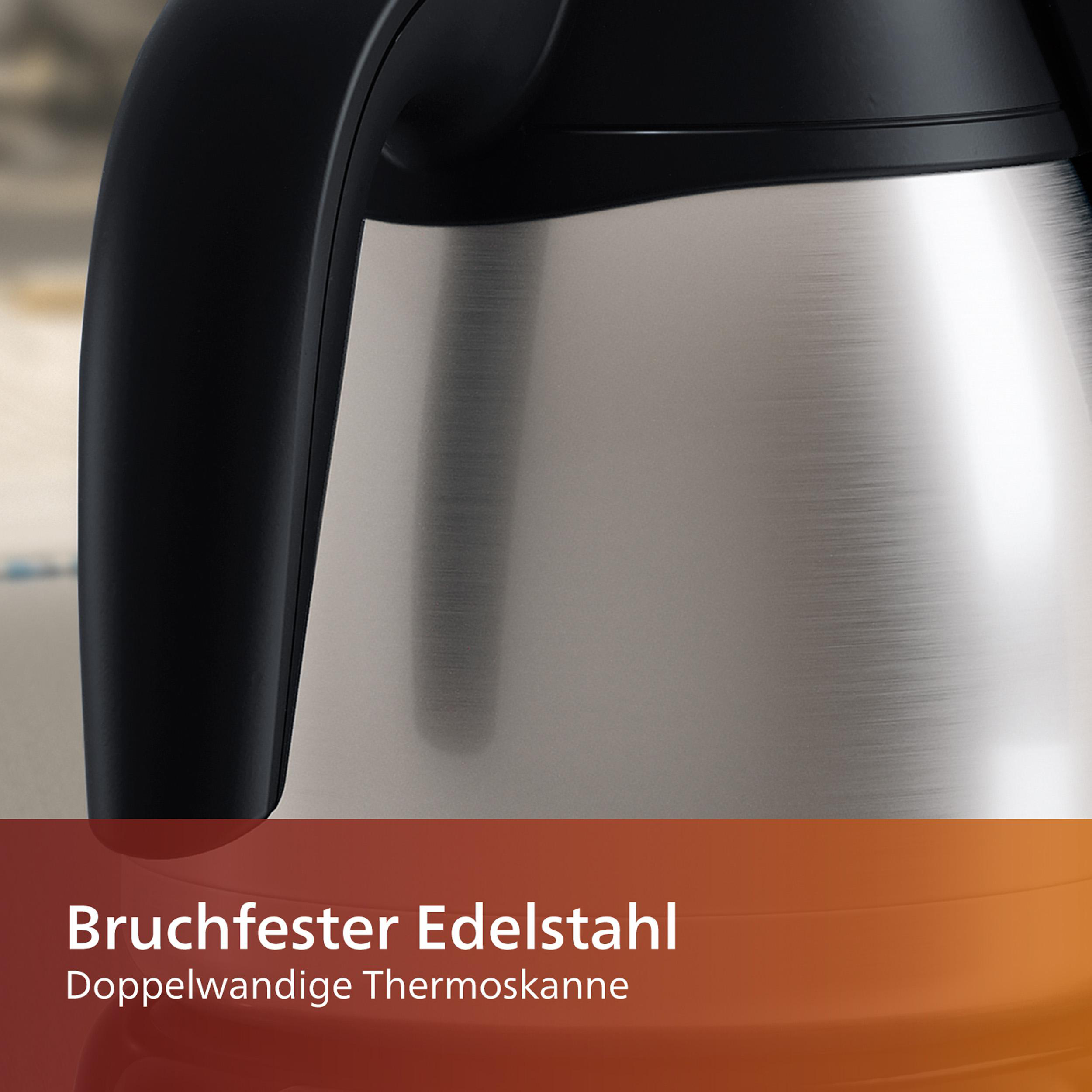 Nahaufnahme einer Edelstahl-Isolierkanne mit schwarzem Griff.