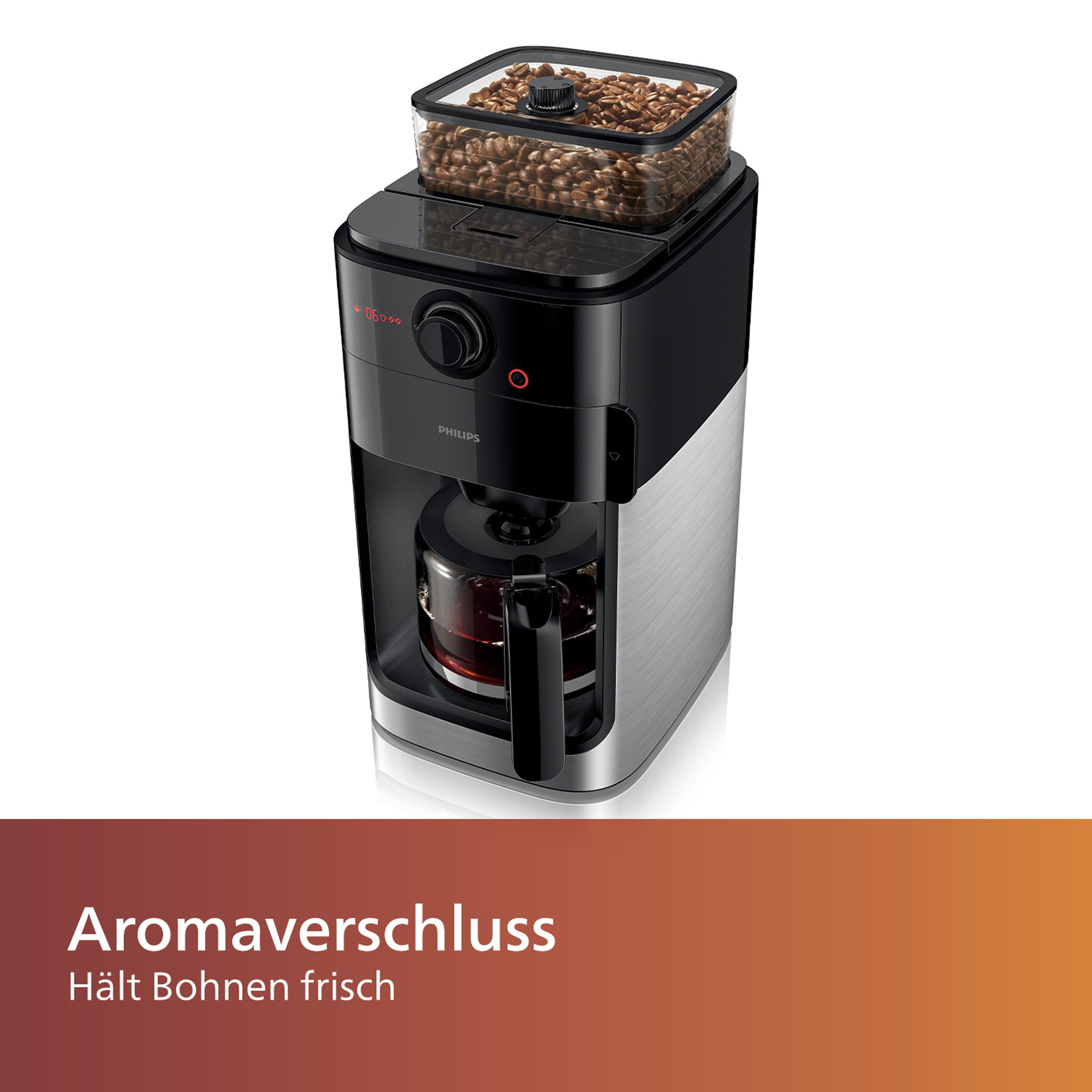 PHILIPS HD7767/00 Grind & Brew mit Glaskanne, 1,2 Liter, 1000 Watt, Kaffeemaschine Edelstahl/Schwarz