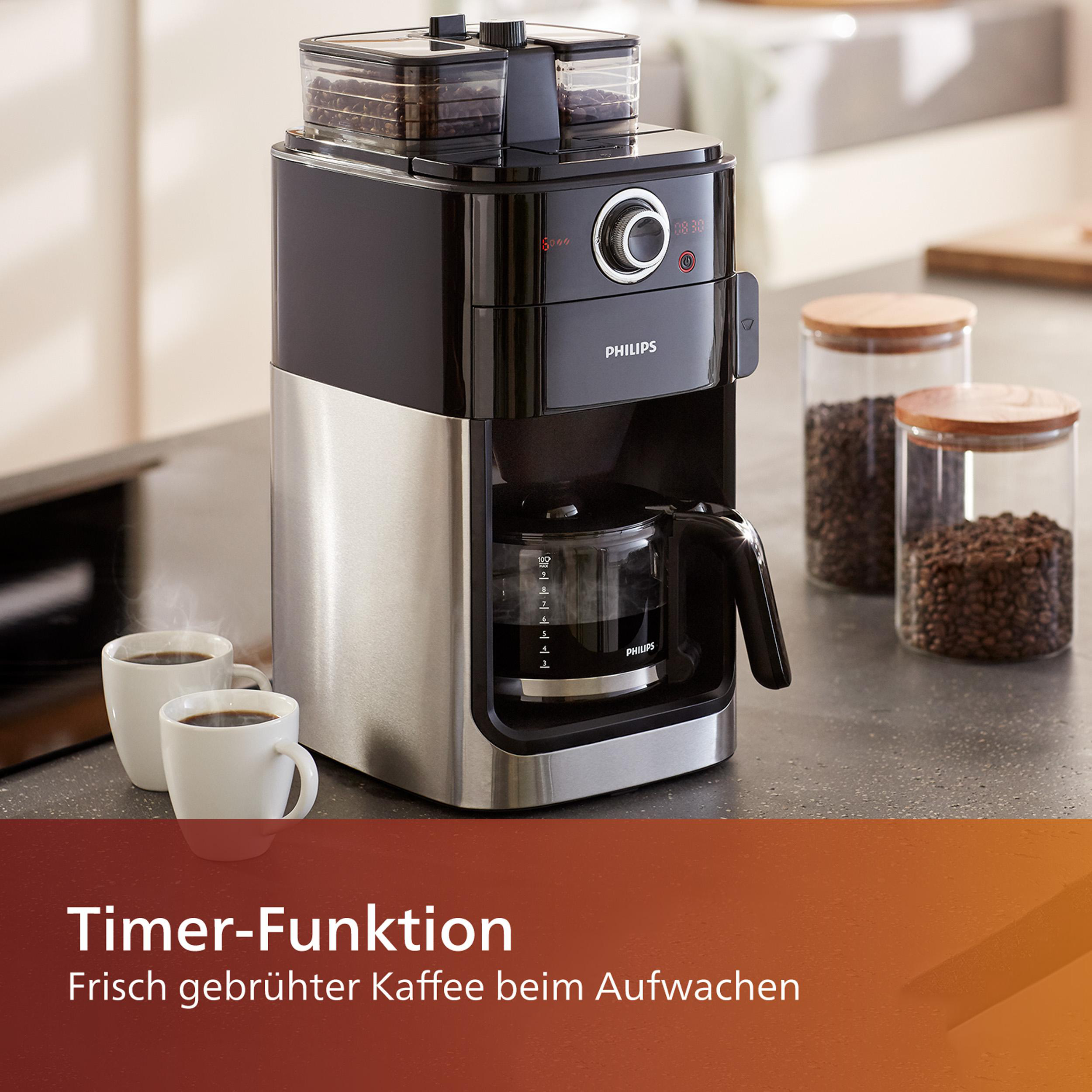 PHILIPS HD7769/00 Grind & Brew mit Glaskanne, 1,2 Liter, 1000 Watt,  Kaffeemaschine Schwarz/Metall