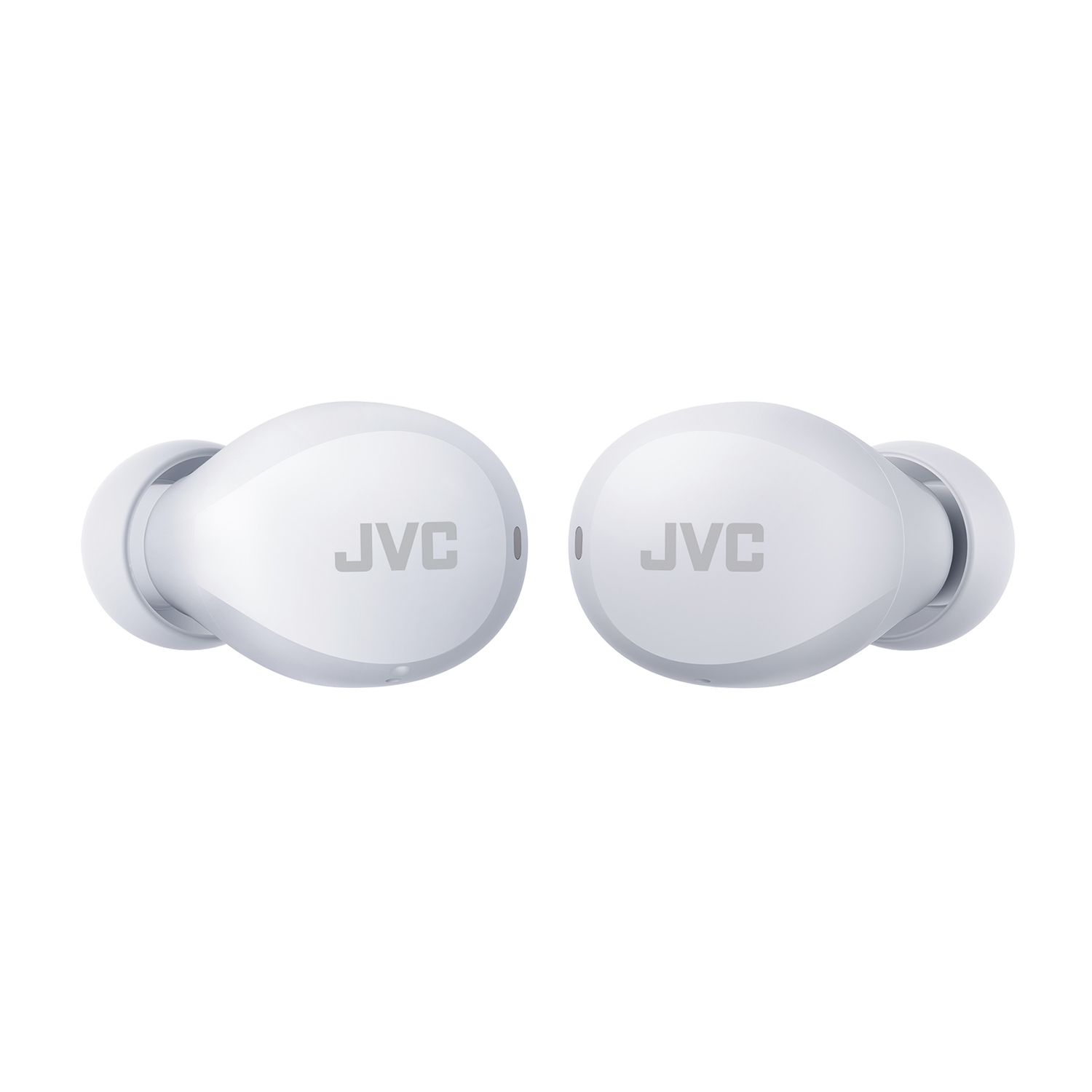 Due auricolari JVC bianchi su sfondo bianco. Ogni auricolare ha il logo JVC.