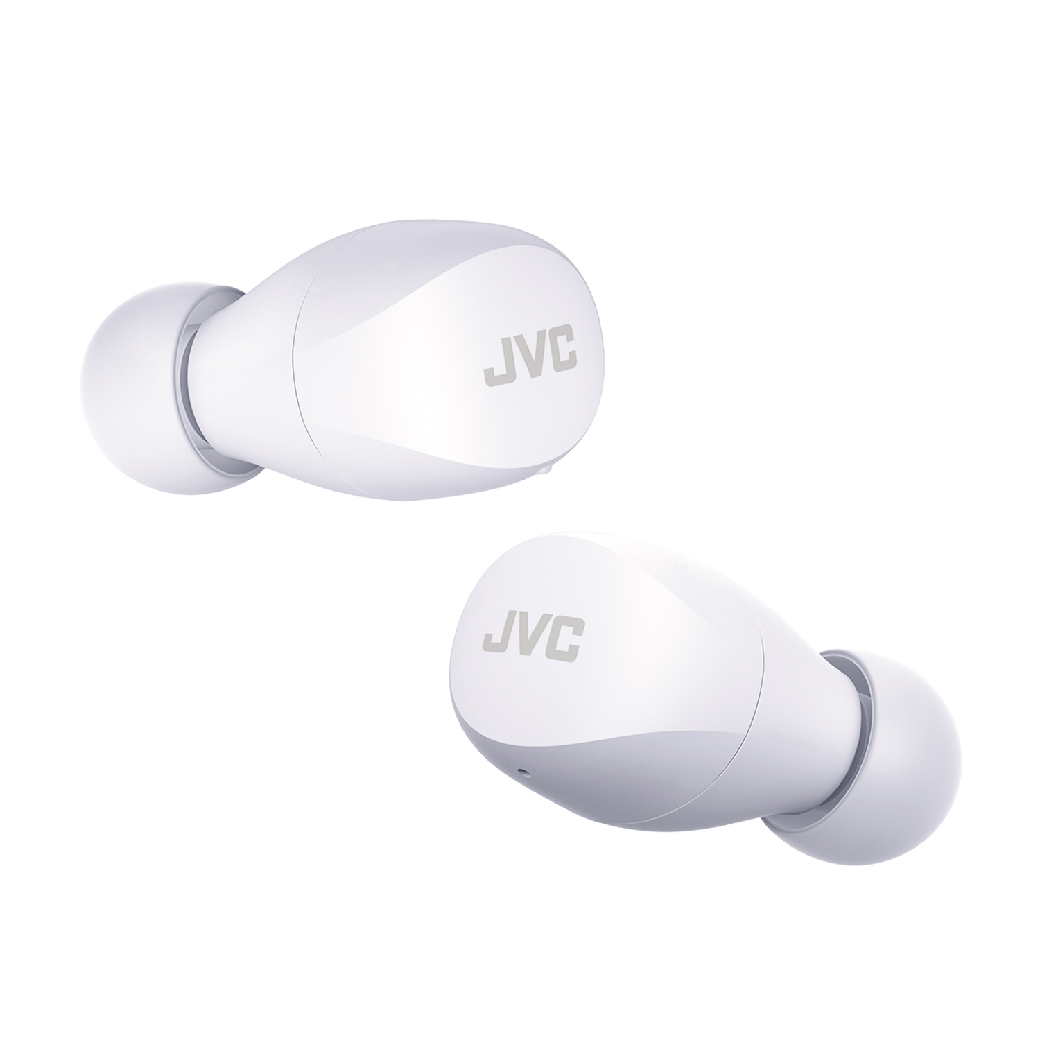 Un paio di auricolari JVC bianchi, mostrati isolati su sfondo bianco.