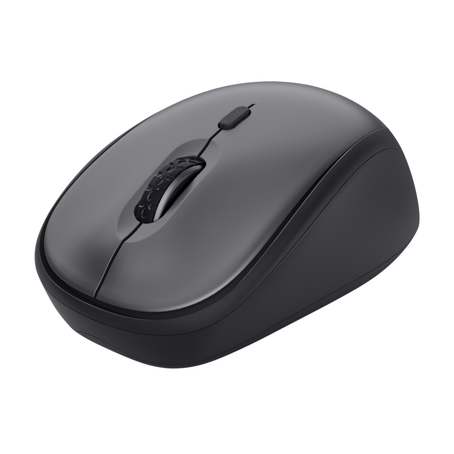 Mouse wireless grigio con rotella e pulsanti, sfondo bianco.
